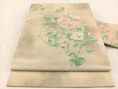 平和屋着物◎九寸名古屋帯 唐織 草花文 銀糸 正絹 逸品 BAAV7474yc