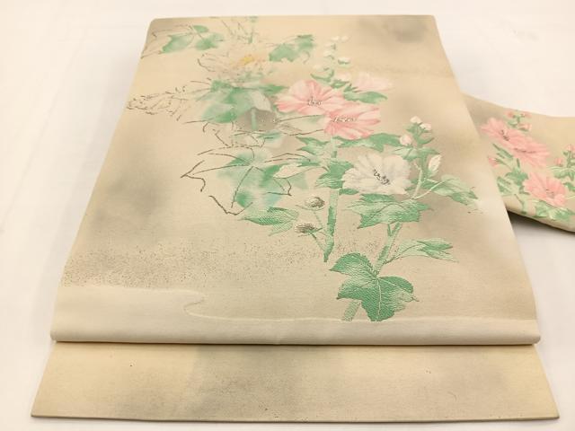 平和屋着物◎九寸名古屋帯 唐織 草花文 銀糸 正絹 逸品 BAAV7474yc