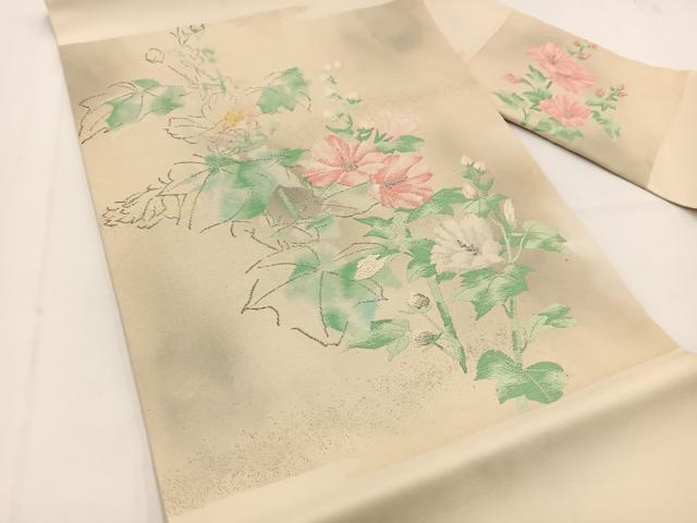平和屋着物◎九寸名古屋帯 唐織 草花文 銀糸 正絹 逸品 BAAV7474yc