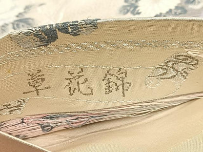 平和屋着物◎六通柄袋帯　唐織　プラチナ二重織　草花錦　流水動物花文　正絹　逸品　BAAV7479yc