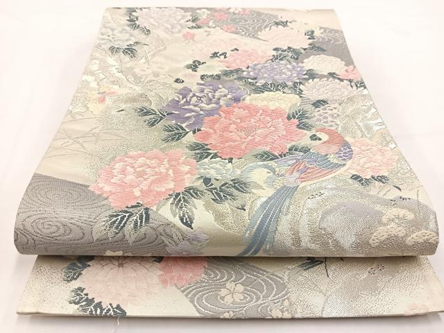 平和屋着物◎六通柄袋帯　唐織　プラチナ二重織　草花錦　流水動物花文　正絹　逸品　BAAV7479yc