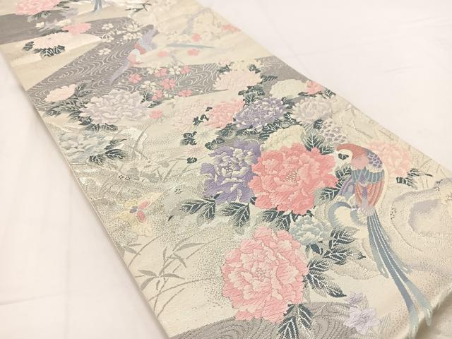 平和屋着物◎六通柄袋帯　唐織　プラチナ二重織　草花錦　流水動物花文　正絹　逸品　BAAV7479yc