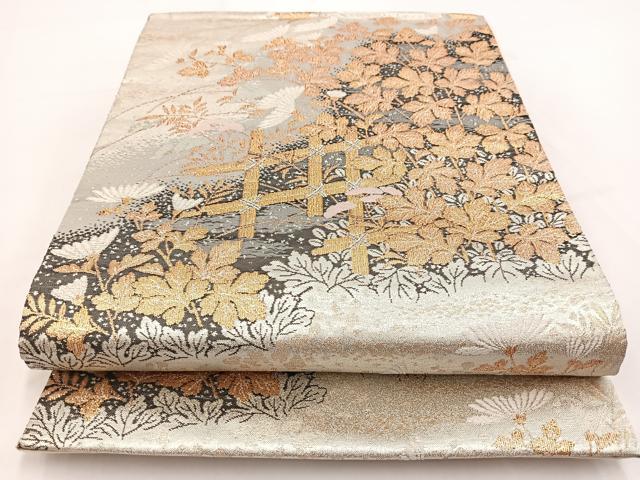 平和屋着物◎六通柄袋帯　唐織　流水秋草文　金銀糸　正絹　逸品　BAAV7498yc
