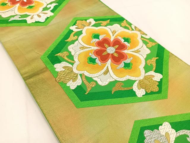 平和屋着物◎六通柄袋帯　唐織　亀甲正倉院花文　金銀糸　引箔　正絹　逸品　BAAV7514yc
