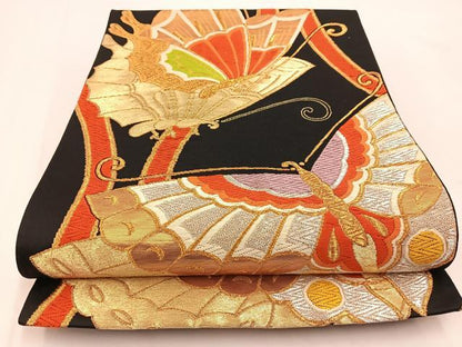 平和屋着物◎六通柄袋帯　唐織　舞蝶文　黒地　金銀糸　正絹　逸品　BAAV7516yc