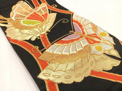 平和屋着物◎六通柄袋帯　唐織　舞蝶文　黒地　金銀糸　正絹　逸品　BAAV7516yc