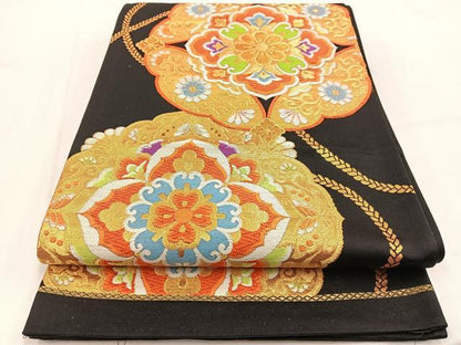 平和屋着物◎六通柄袋帯　唐織　鏡裏花文　黒地　金銀糸　正絹　逸品　BAAV7579yc