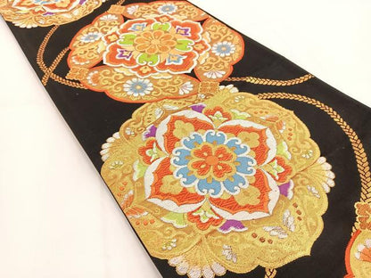 平和屋着物◎六通柄袋帯　唐織　鏡裏花文　黒地　金銀糸　正絹　逸品　BAAV7579yc
