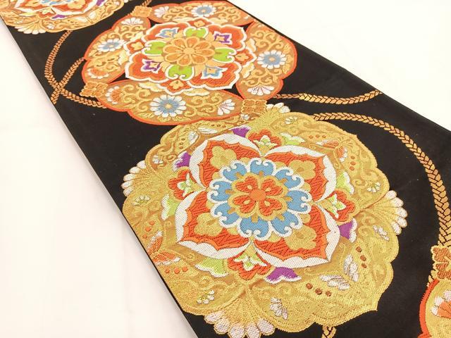 平和屋着物◎六通柄袋帯　唐織　鏡裏花文　黒地　金銀糸　正絹　逸品　BAAV7579yc