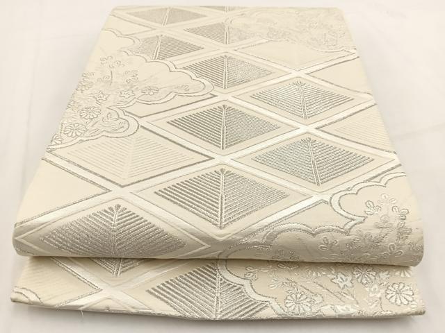 平和屋着物◎六通柄袋帯 雲取り秋草松文 銀糸 正絹 逸品 BAAV7581yc