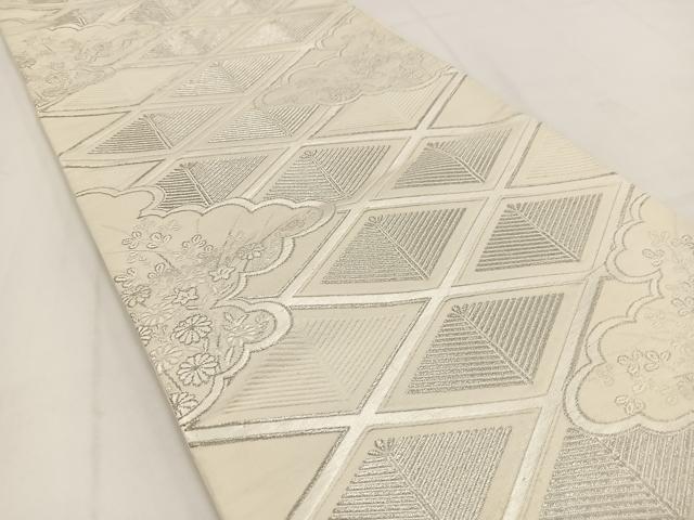 平和屋着物◎六通柄袋帯 雲取り秋草松文 銀糸 正絹 逸品 BAAV7581yc