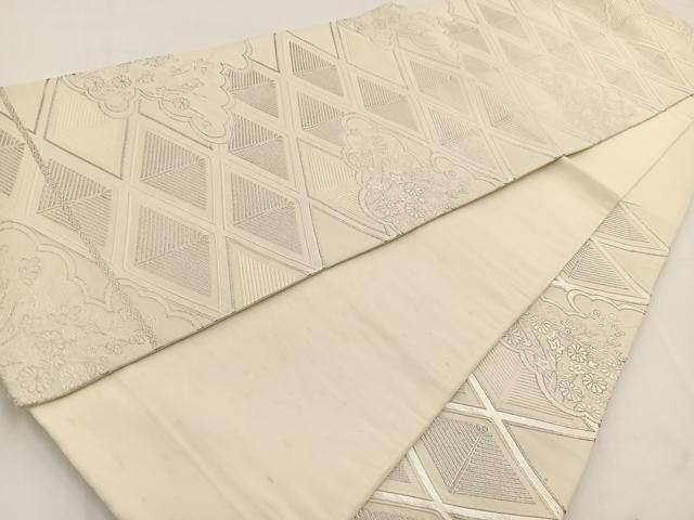 平和屋着物◎六通柄袋帯 雲取り秋草松文 銀糸 正絹 逸品 BAAV7581yc