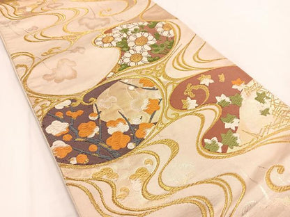 平和屋着物◎六通柄袋帯　唐織　流水草花文　金糸　正絹　逸品　BAAV7608yc