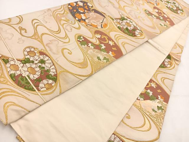 平和屋着物◎六通柄袋帯　唐織　流水草花文　金糸　正絹　逸品　BAAV7608yc