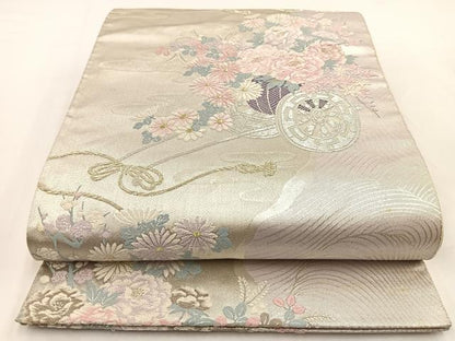 平和屋着物◎六通柄袋帯　唐織　立波花車文　金銀糸　正絹　逸品　BAAV7610yc