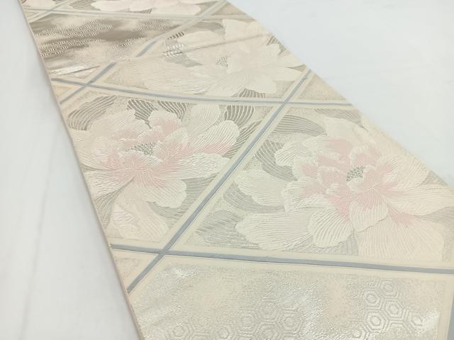 平和屋着物◎六通柄袋帯　唐織　菱天井牡丹文　銀糸　正絹　逸品　BAAV7613yc