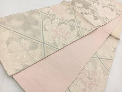 平和屋着物◎六通柄袋帯　唐織　菱天井牡丹文　銀糸　正絹　逸品　BAAV7613yc