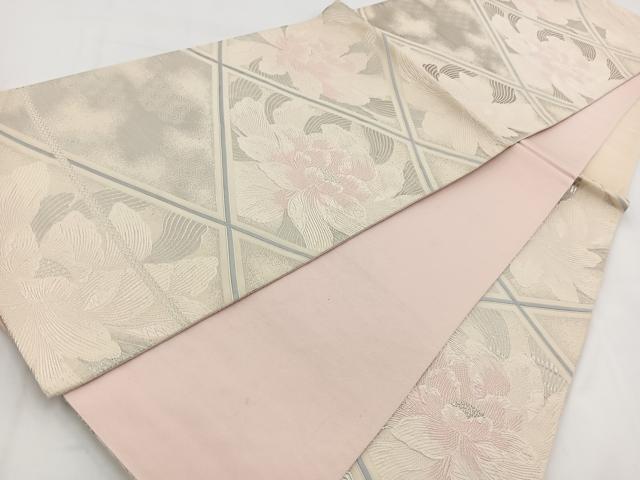 平和屋着物◎六通柄袋帯　唐織　菱天井牡丹文　銀糸　正絹　逸品　BAAV7613yc