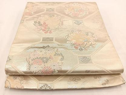 平和屋着物◎六通柄袋帯 唐織 蜀江花文 銀糸 正絹 逸品 BAAV7622yc