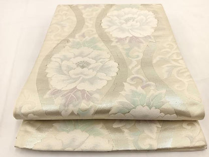 平和屋着物◎六通柄袋帯 唐織 立涌牡丹文 銀糸 正絹 逸品 BAAV7623yc