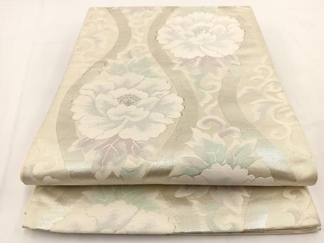 平和屋着物◎六通柄袋帯 唐織 立涌牡丹文 銀糸 正絹 逸品 BAAV7623yc