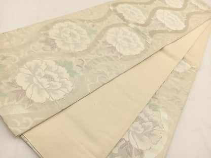 平和屋着物◎六通柄袋帯 唐織 立涌牡丹文 銀糸 正絹 逸品 BAAV7623yc