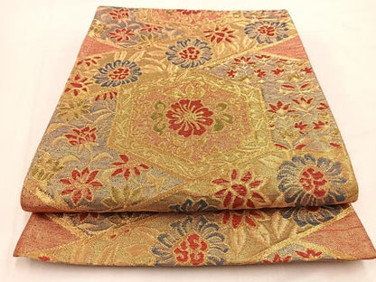 平和屋着物◎佐賀錦 六通柄袋帯 ふくれ織 亀甲更紗花文 金糸 正絹 逸品 BAAV7634yc