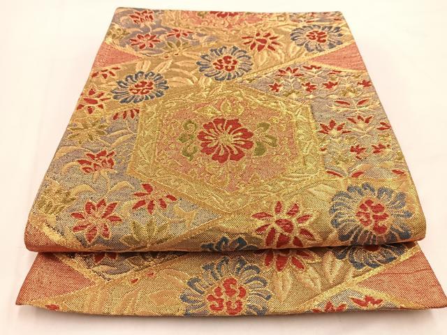 平和屋着物◎佐賀錦 六通柄袋帯 ふくれ織 亀甲更紗花文 金糸 正絹 逸品 BAAV7634yc