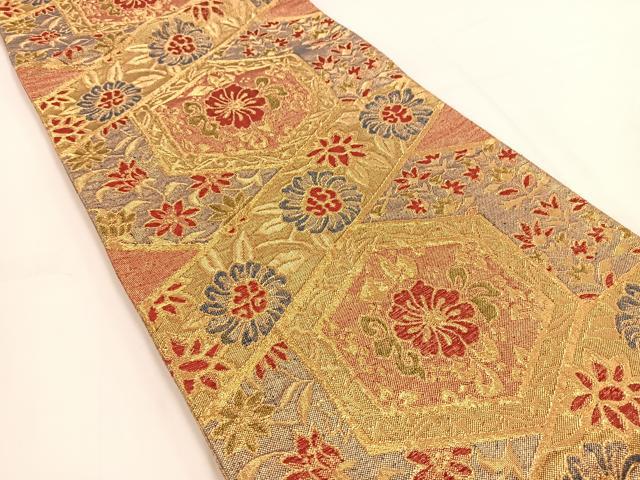 平和屋着物◎佐賀錦 六通柄袋帯 ふくれ織 亀甲更紗花文 金糸 正絹 逸品 BAAV7634yc