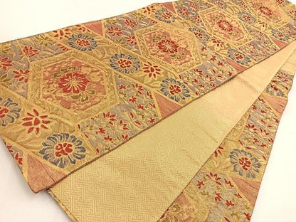 平和屋着物◎佐賀錦 六通柄袋帯 ふくれ織 亀甲更紗花文 金糸 正絹 逸品 BAAV7634yc