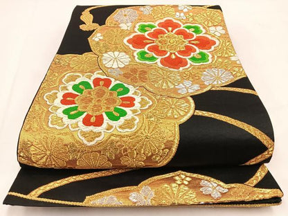 平和屋着物◎六通柄袋帯　唐織　鏡裏花文　黒地　金銀糸　正絹　逸品　BAAV7650yc