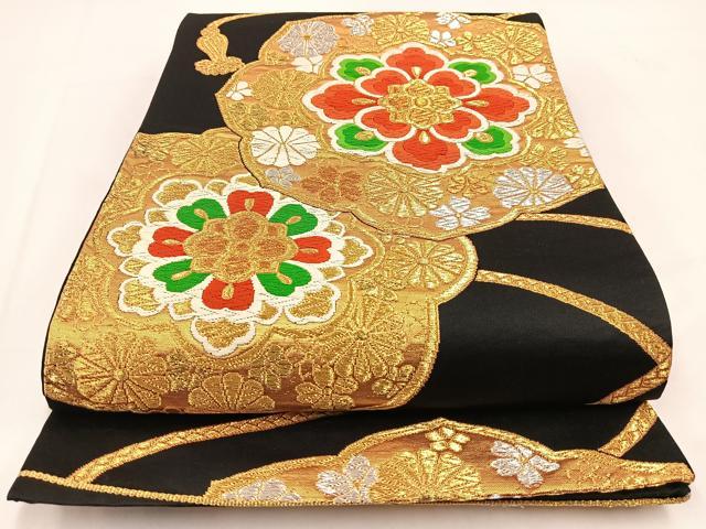 平和屋着物◎六通柄袋帯　唐織　鏡裏花文　黒地　金銀糸　正絹　逸品　BAAV7650yc