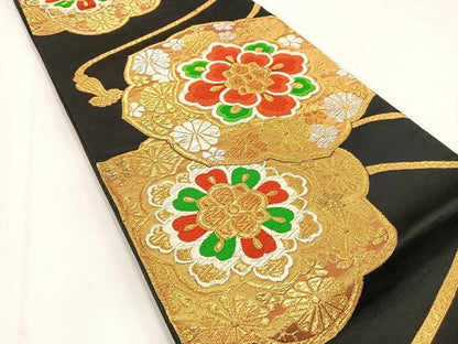 平和屋着物◎六通柄袋帯　唐織　鏡裏花文　黒地　金銀糸　正絹　逸品　BAAV7650yc