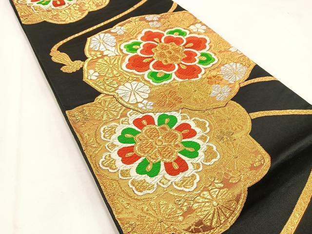 平和屋着物◎六通柄袋帯　唐織　鏡裏花文　黒地　金銀糸　正絹　逸品　BAAV7650yc