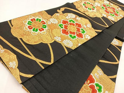 平和屋着物◎六通柄袋帯　唐織　鏡裏花文　黒地　金銀糸　正絹　逸品　BAAV7650yc