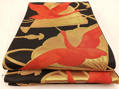 平和屋着物◎六通柄袋帯　唐織　飛鶴檜扇文　黒地　金糸　正絹　逸品　BAAV7652yc
