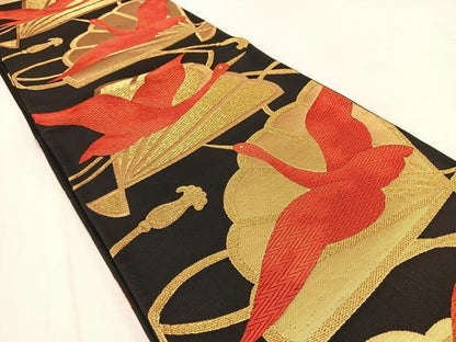 平和屋着物◎六通柄袋帯　唐織　飛鶴檜扇文　黒地　金糸　正絹　逸品　BAAV7652yc