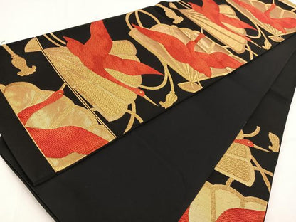 平和屋着物◎六通柄袋帯　唐織　飛鶴檜扇文　黒地　金糸　正絹　逸品　BAAV7652yc