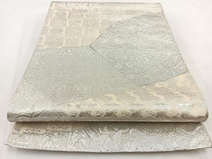 平和屋着物◎六通柄袋帯　絹衣　切嵌更紗花文　銀糸　正絹　逸品　BAAV7655yc