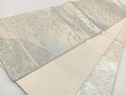 平和屋着物◎六通柄袋帯　絹衣　切嵌更紗花文　銀糸　正絹　逸品　BAAV7655yc