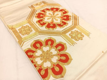 平和屋着物◎太鼓柄袋帯　総駒刺繍　蜀江花文　正絹　逸品　BAAV7669yc