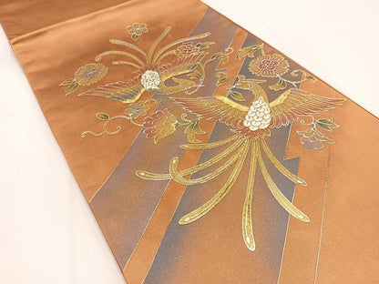 平和屋着物◎太鼓柄袋帯　向かい鳳凰更紗花文　金銀彩　引箔　正絹　逸品　BAAV7670yc