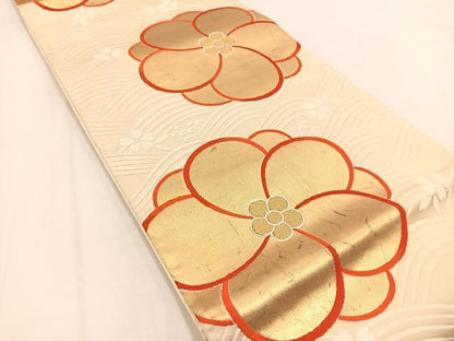 平和屋着物◎六通柄袋帯　唐織　手織　青海に梅　金糸　正絹　逸品　BAAV7672yc