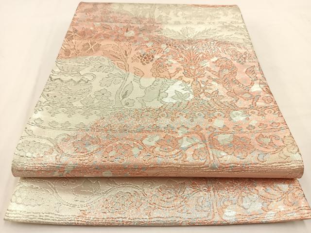 平和屋着物◎六通柄袋帯　向かい動物更紗花文　銀糸　正絹　逸品　BAAV7677yc