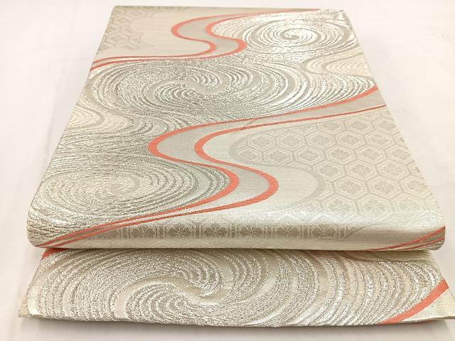 平和屋着物◎六通柄袋帯　唐織　流水亀甲花文　銀糸　正絹　逸品　BAAV7680yc