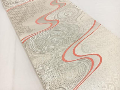 平和屋着物◎六通柄袋帯　唐織　流水亀甲花文　銀糸　正絹　逸品　BAAV7680yc