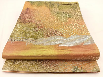 平和屋着物◎六通柄袋帯　渡り橋風景文　金銀糸　引箔　正絹　逸品　BAAV7681yc