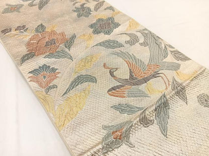 平和屋着物◎六通柄袋帯　ふくれ織　孔雀更紗花文　金銀糸　正絹　逸品　BAAV7697yc