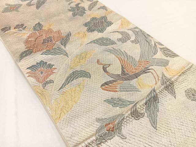 平和屋着物◎六通柄袋帯　ふくれ織　孔雀更紗花文　金銀糸　正絹　逸品　BAAV7697yc