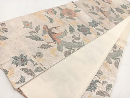 平和屋着物◎六通柄袋帯　ふくれ織　孔雀更紗花文　金銀糸　正絹　逸品　BAAV7697yc